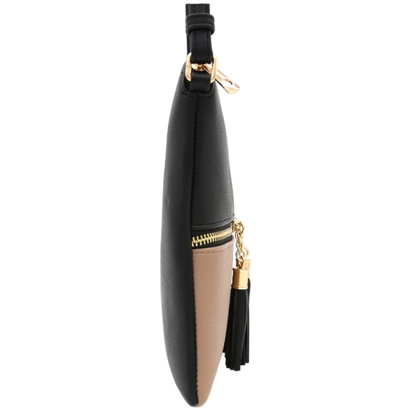 HOLIDAY SALE!! Women's Lightweight Black and Tan Crossbody Bag with Tassels - Picture 8 of 10